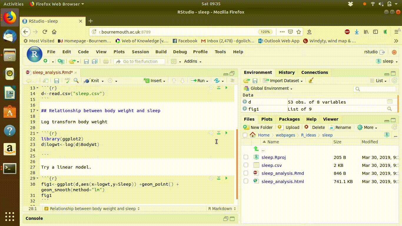 Building up an analysis in a markdown document. Notice how the run all chunks above button is used to ensure that all the necessary code is being run