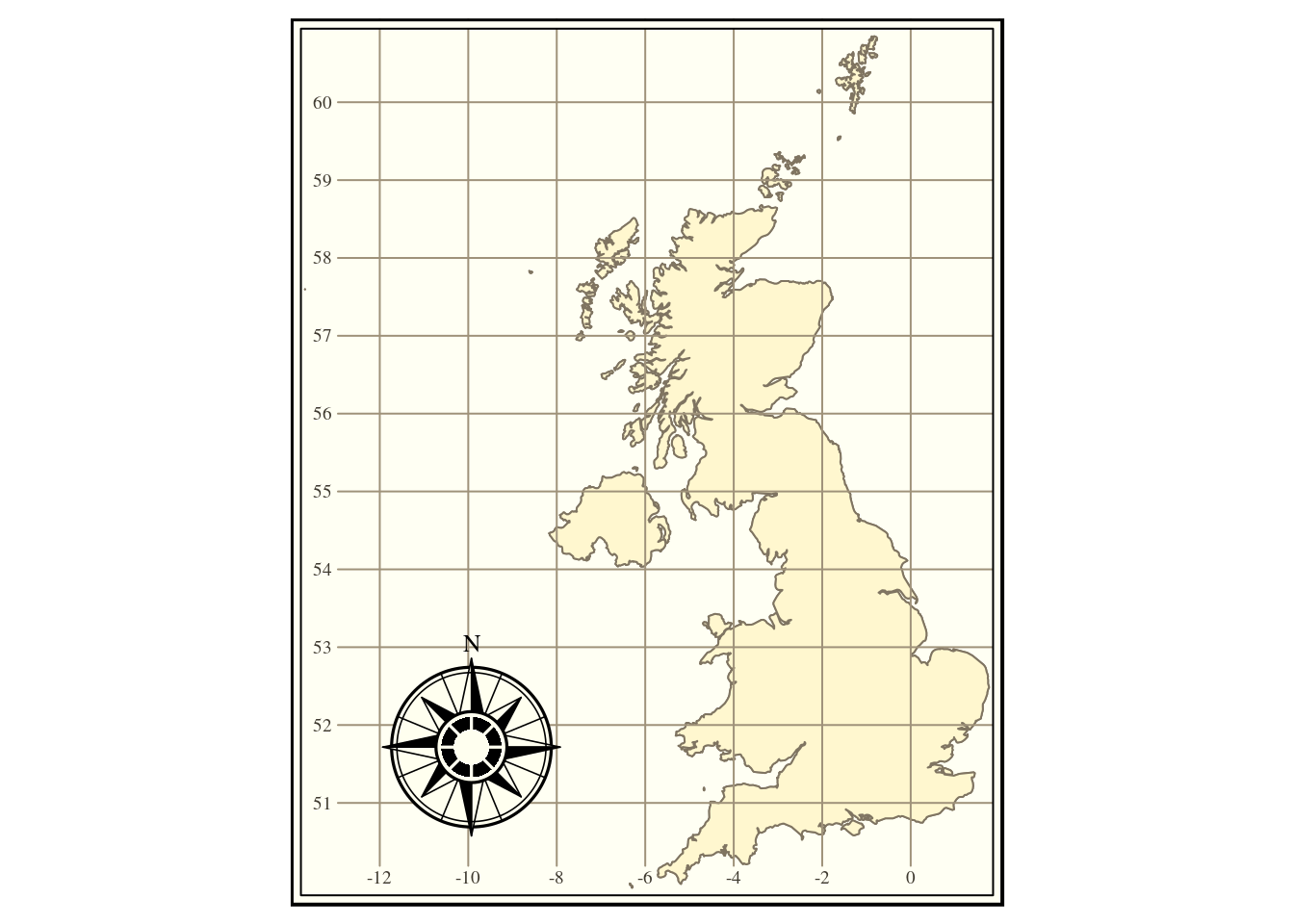 Map of the UK shown in a very traditional cartographic style