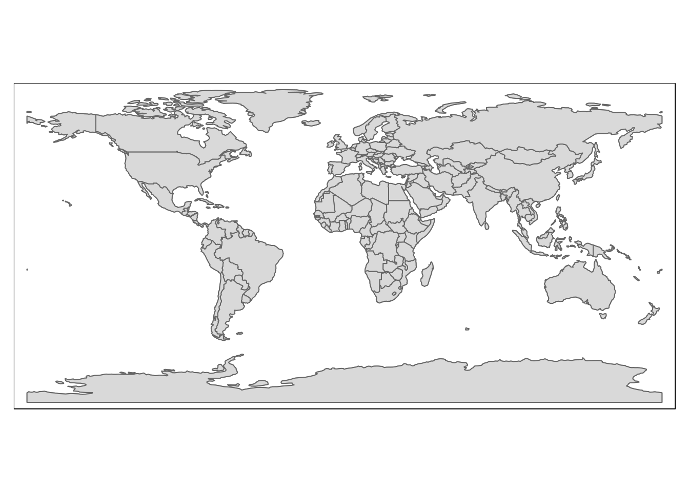 The nat_earth_countries table loaded into R and visualised using the quick map function from tmap.