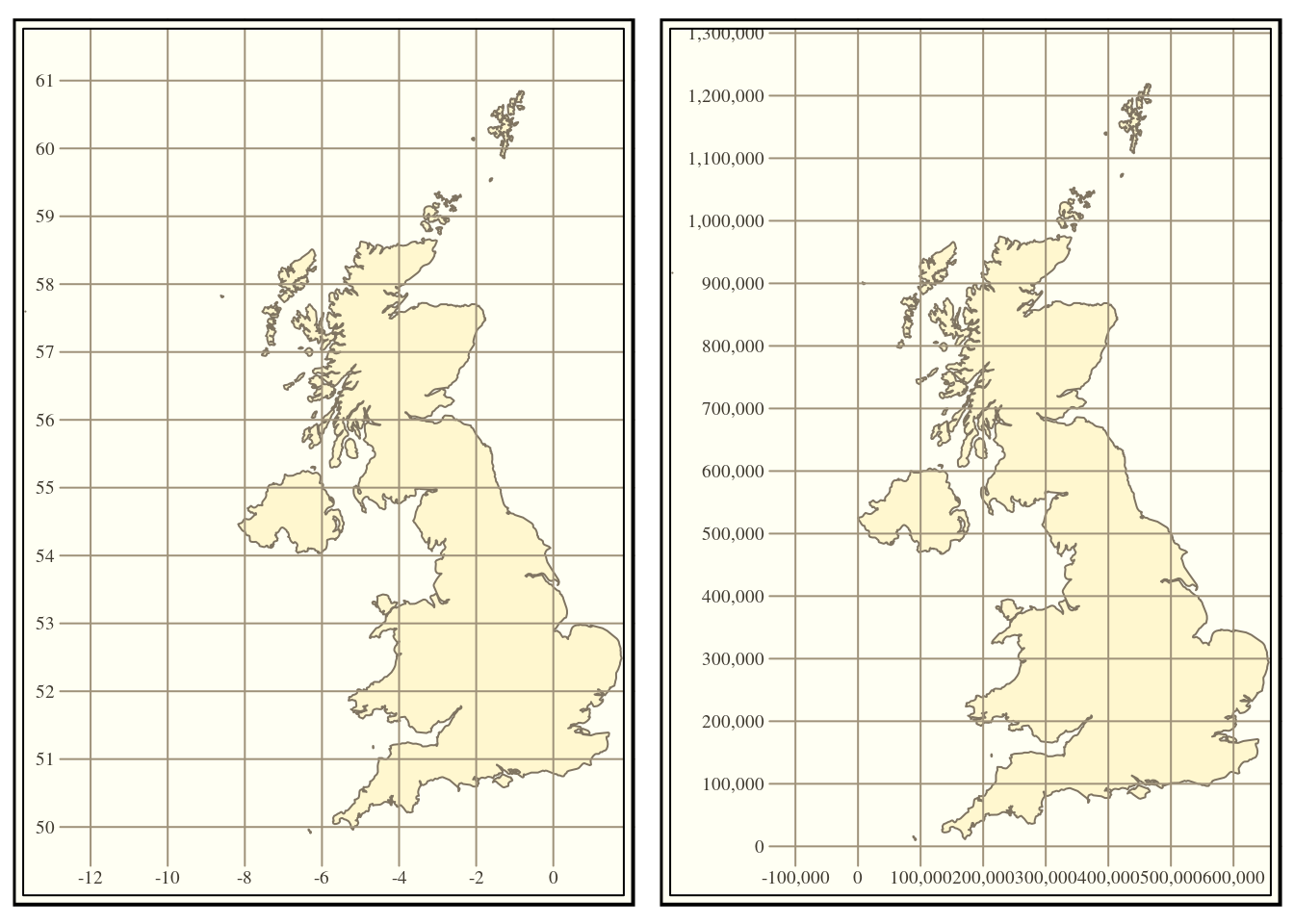 UK displayed using the qtm function in R in unprojectd (EPSG 4326) form and in British National gid (EPSG 27700). Note that because the map making package aims to keep the aspect ratio constant the maps look very similar, apart from the grid coordinate values.
