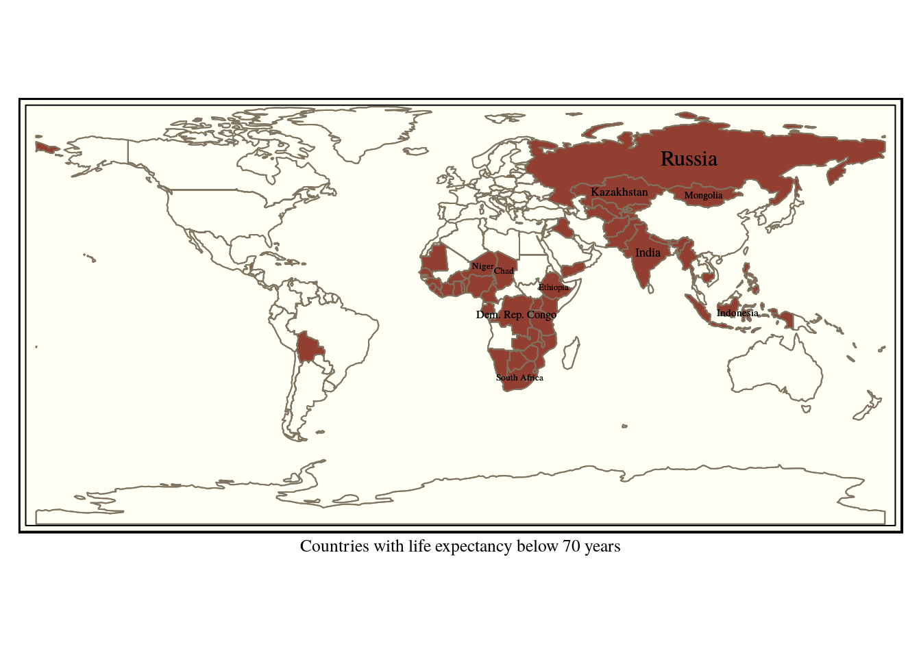 Countries with life expectancy below 70 years