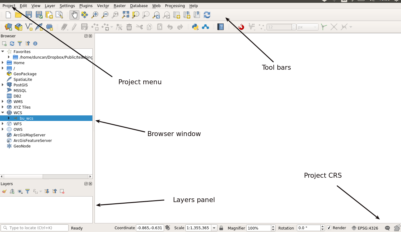 The elements of a QGIS graphical user interface: Note that the user can reconfigure all the visual elements so each interface may look different