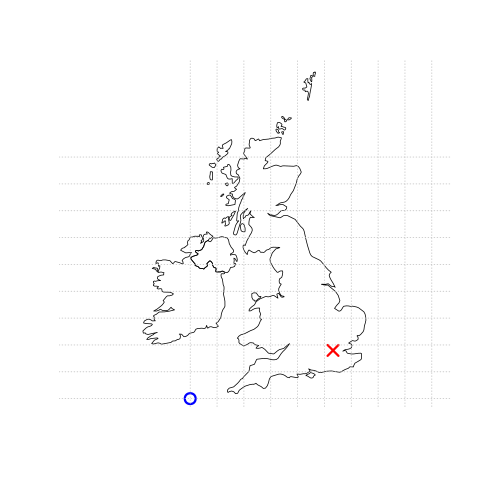 Contrasting Geographical coordinates (EPSG 4326) with British National Grid (EPSG 27700). The left plot has its origin at 0° longitude and latitude. The Bristsh national grid has an origin located in the sea west of Cornwall (Figure from https://geocompr.robinlovelace.net/).
