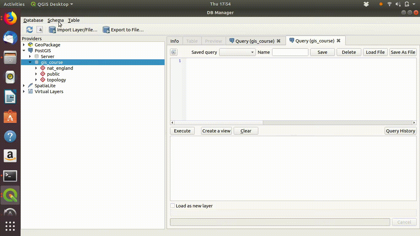 Creating a new schema called myschema. The scratch layer in the canvas is imported with the name cranborne