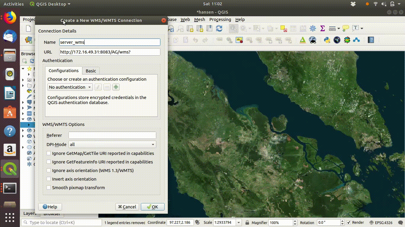 Setting up a WMS connection in QGIS. 
