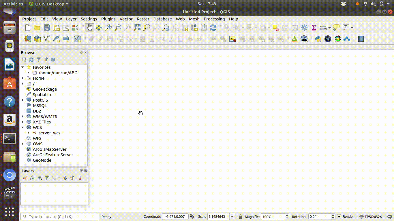 Starting a project in QGIS. Notice that browser and layers panels can be stacked to form a single tabbed panel. I think that this makes the interface easier to use, but each user has a different preference. You can customise your set up a little then save the project. Make sure that you know where the project is saved and that you keep the project and data files in the same folder. This example screenshot was taken on a Linux system