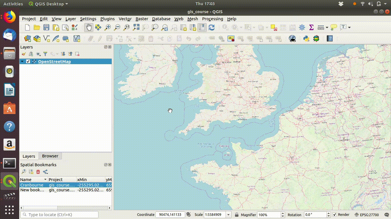 Loading the layer called blues from the postgis data base. The layer has point locations for all the gbif records for adonis and chalk hill blue butterflies. Zooming out shows the scale