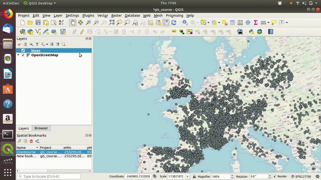 Zooming to the study area. Notice the use of a bookmark to hold the extent. These can be set using the bookmark menu on the top of the menu bar. Bookmarks are kept in the project file and can be used to zoom back to exactly the same map extents.