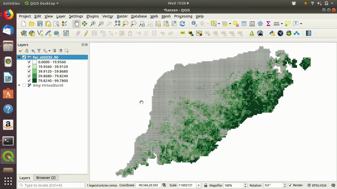 Filtering a layer that has been added to the QGIS canvas. Right click the layer and go to properties to find the sql editor. In this case grids containing forest are filtered to show a subset with forest cover over 50%