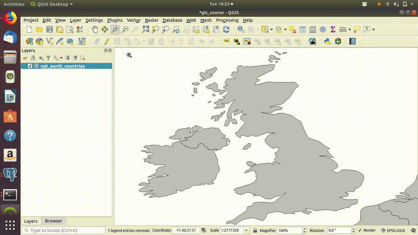 Saving a layer in a new projection. In this case the simpler outline of the UK was held in the postgis data base in EPSG 4326. Saving the file into British national grid reprojects the coordinates. Right click on the file name in the layers panel. Choose the projection and file name. Adjust the extent if necessary.