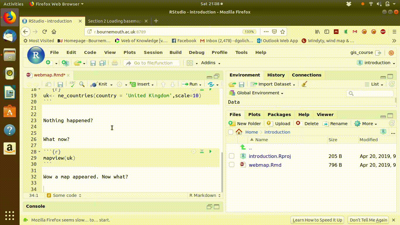 The answer to the last question is to knit the document to HTML. This forms a document with code and output embedded. The HTML file can be saved locally and used off the server as a web map. If analysis is carried out it will all be shown and can be added to a map that can be shared with others as a portable web page.