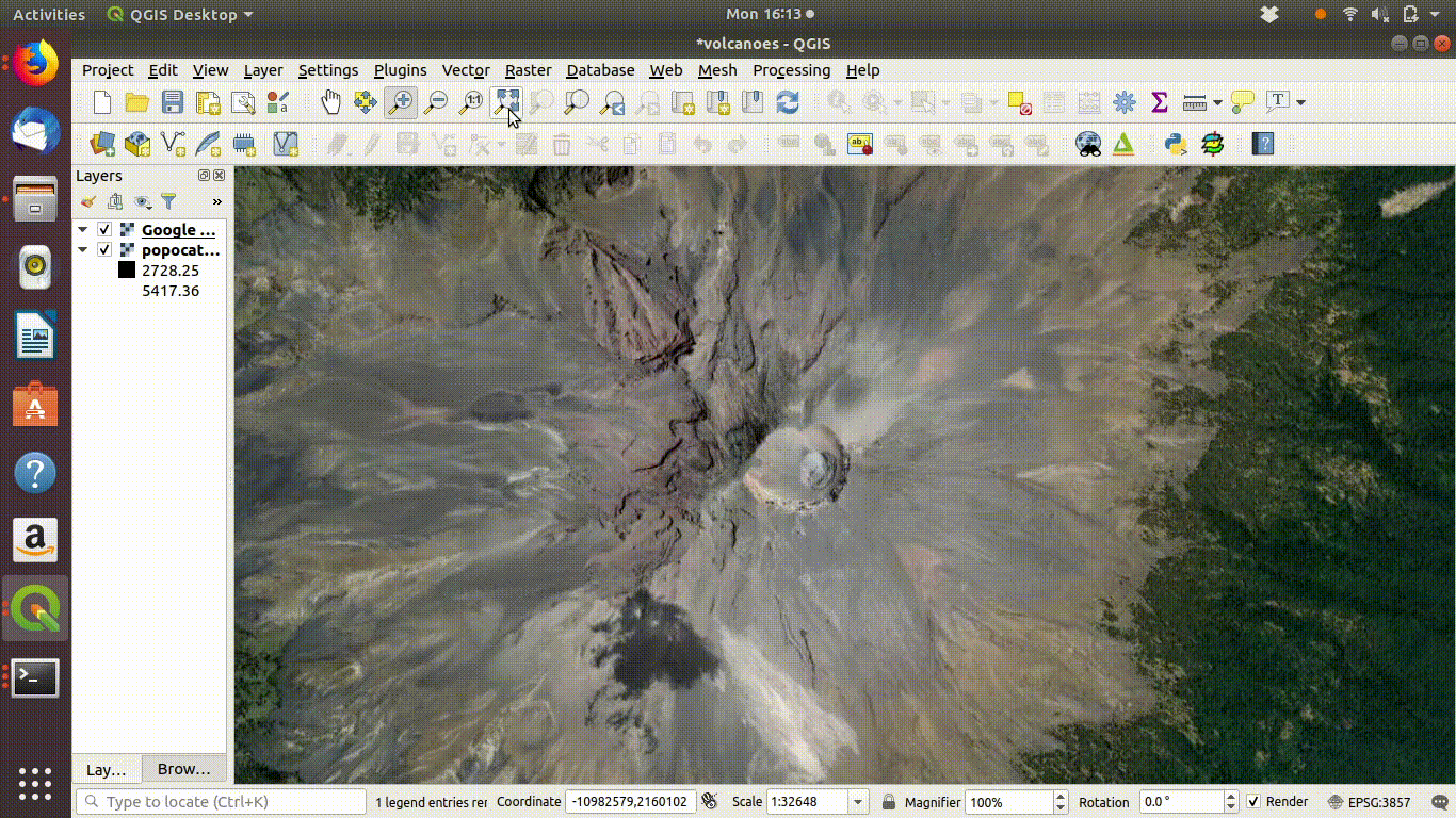 Using the Qgis2threejs exporter plugin to visualise Popocateptl vocano. The image can be rotated and zoomed into using the mouse and keypad. Clicking in the image shows the coordinates of the points.