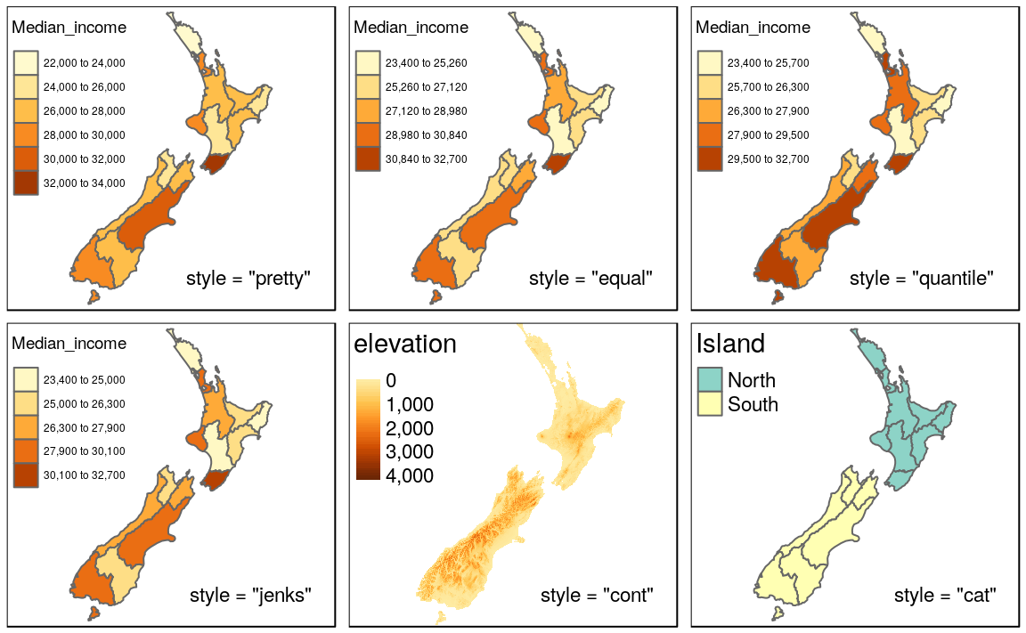 Illustration of different binning methods set using the style argument in tmap.