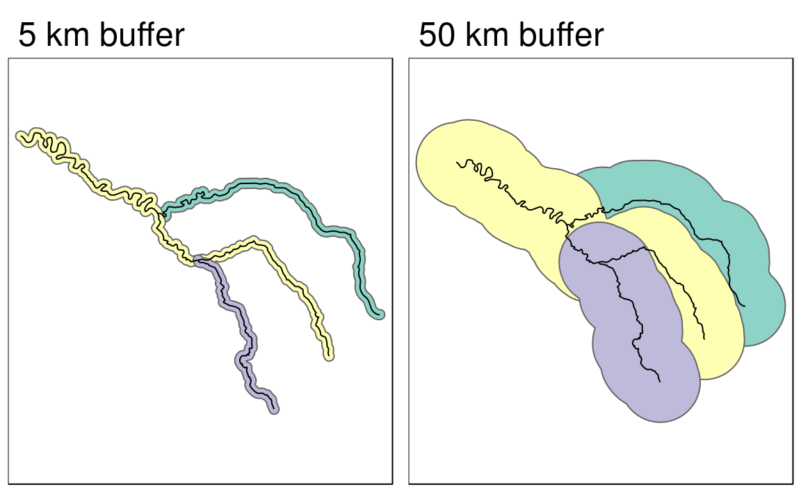 Buffers around the Seine dataset of 5 km (left) and 50 km (right). Note the colors, which reflect the fact that one buffer is created per geometry feature.