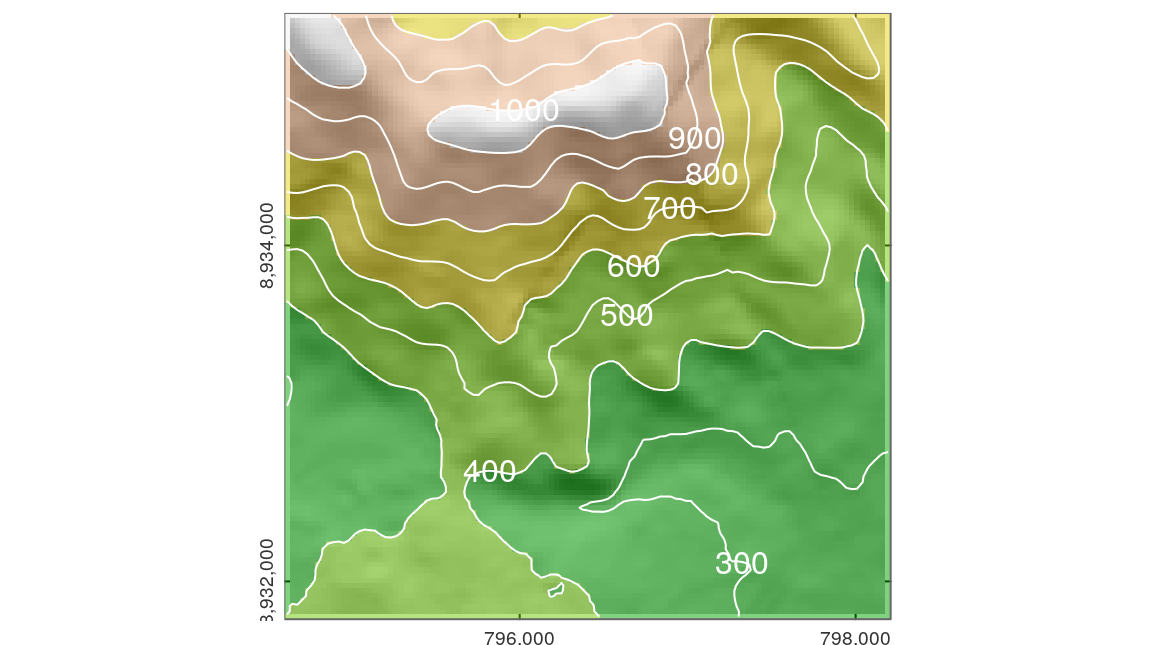 DEM hillshade of the southern flank of Mt. Mongón overlaid by contour lines.