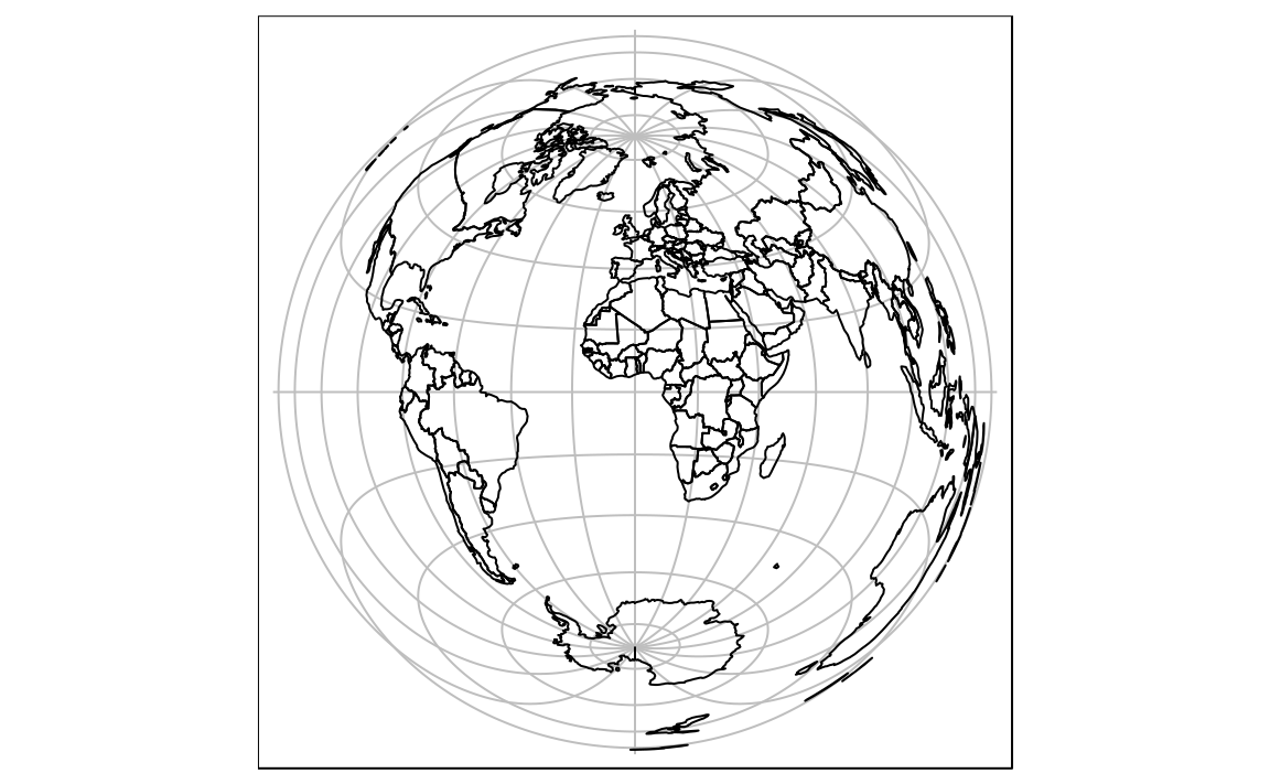 Lambert azimuthal equal-area projection of the world centered on longitude and latitude of 0.