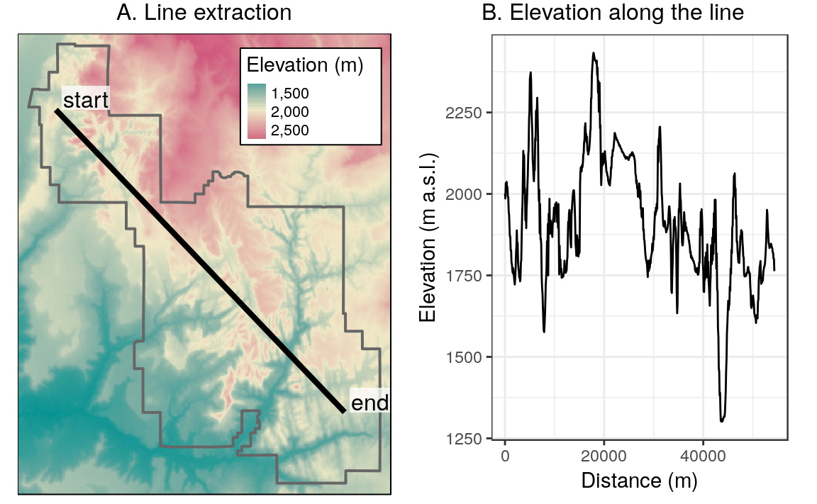 Location of a line used for raster extraction (left) and the elevation along this line (right).