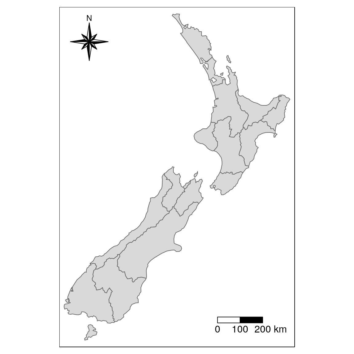 Map with additional elements - a north arrow and scale bar.