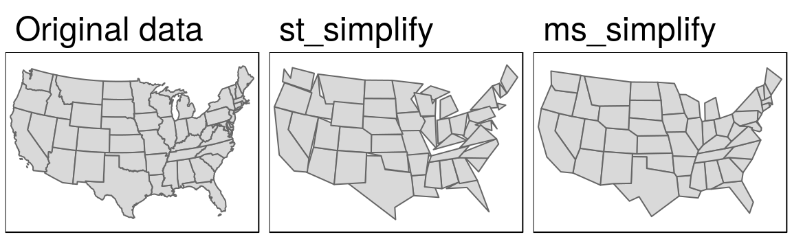 Polygon simplification in action, comparing the original geometry of the contiguous United States with simplified versions, generated with functions from sf (center) and rmapshaper (right) packages.