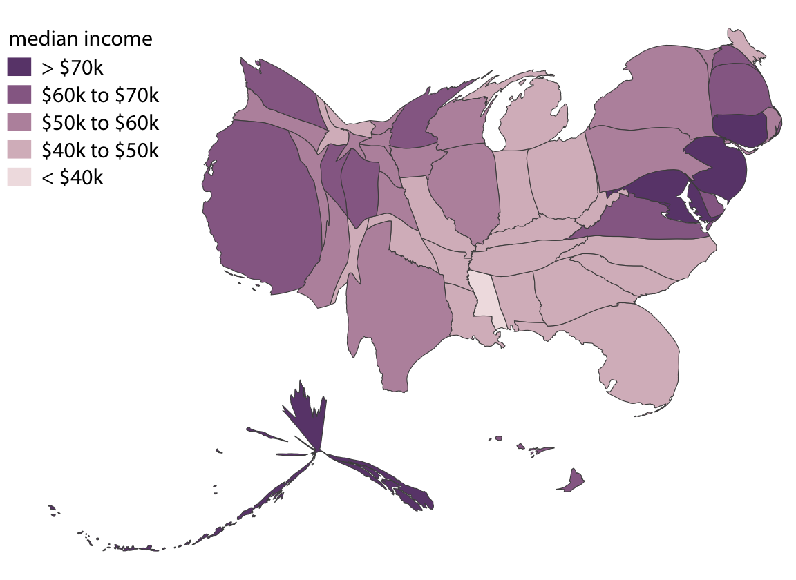 Median income in every U.S. state, shown as a cartogram. The shapes of individual states have been modified such that their area is proportional to their number of inhabitants. Data source: 2015 Five-Year American Community Survey