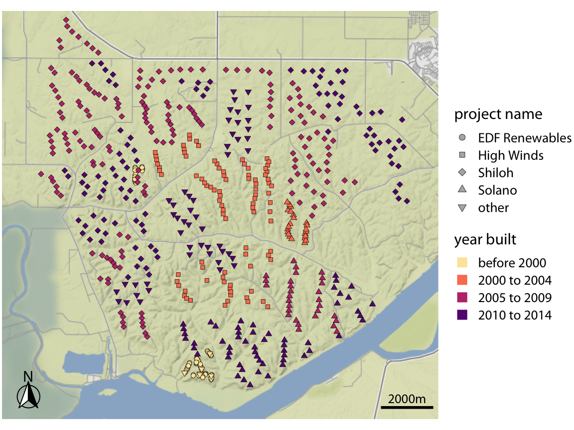 Location of individual wind turbines in the Shiloh Wind Farm. Each dot highlights the location of one wind turbine. The map area corresponds to the rectangle in Figure 15.8. Dots are colored by when the wind turbine was built, and the shape of the dots represents the various projects to which the individual wind turbines belong. Map tiles by Stamen Design, under CC BY 3.0. Map data by OpenStreetMap, under ODbL. Wind turbine data source: United States Wind Turbine Database