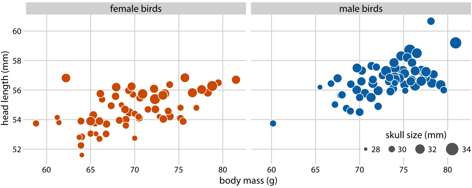 Head length versus body mass for 123 blue jays. The birds’ sex is indicated by color, and the birds’ skull size by symbol size. Head-length measurements include the length of the bill while skull-size measurements do not. Head length and skull size tend to be correlated, but there are some birds with unusually long or short bills given their skull size. Data source: Keith Tarvin, Oberlin College